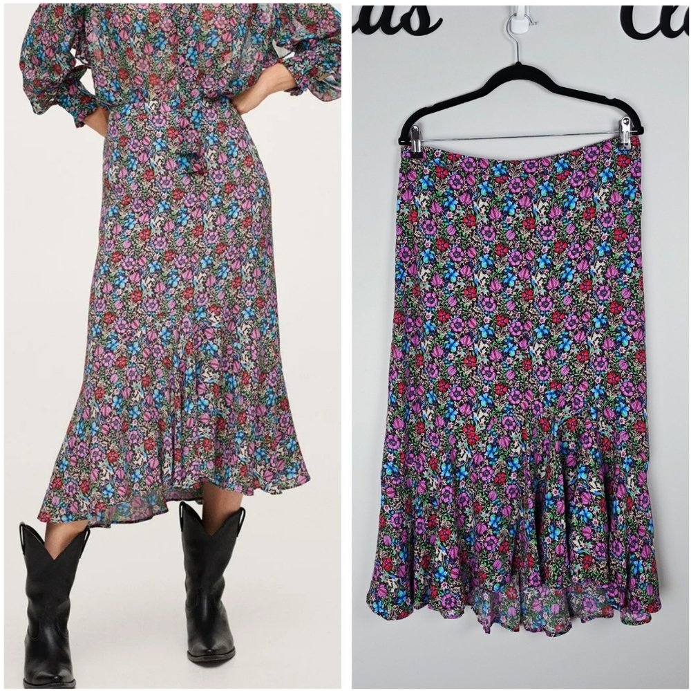 Mango Floral Print A-line Midi Skirt Size XL NWT